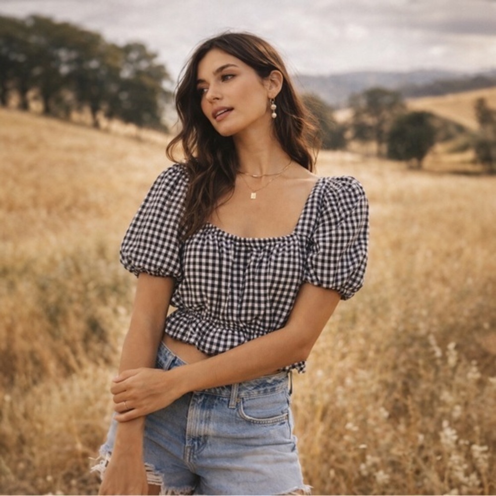 Stitch And Pine Gingham Puff Sleeve Crop Large Top Cottagecore Milkmaid